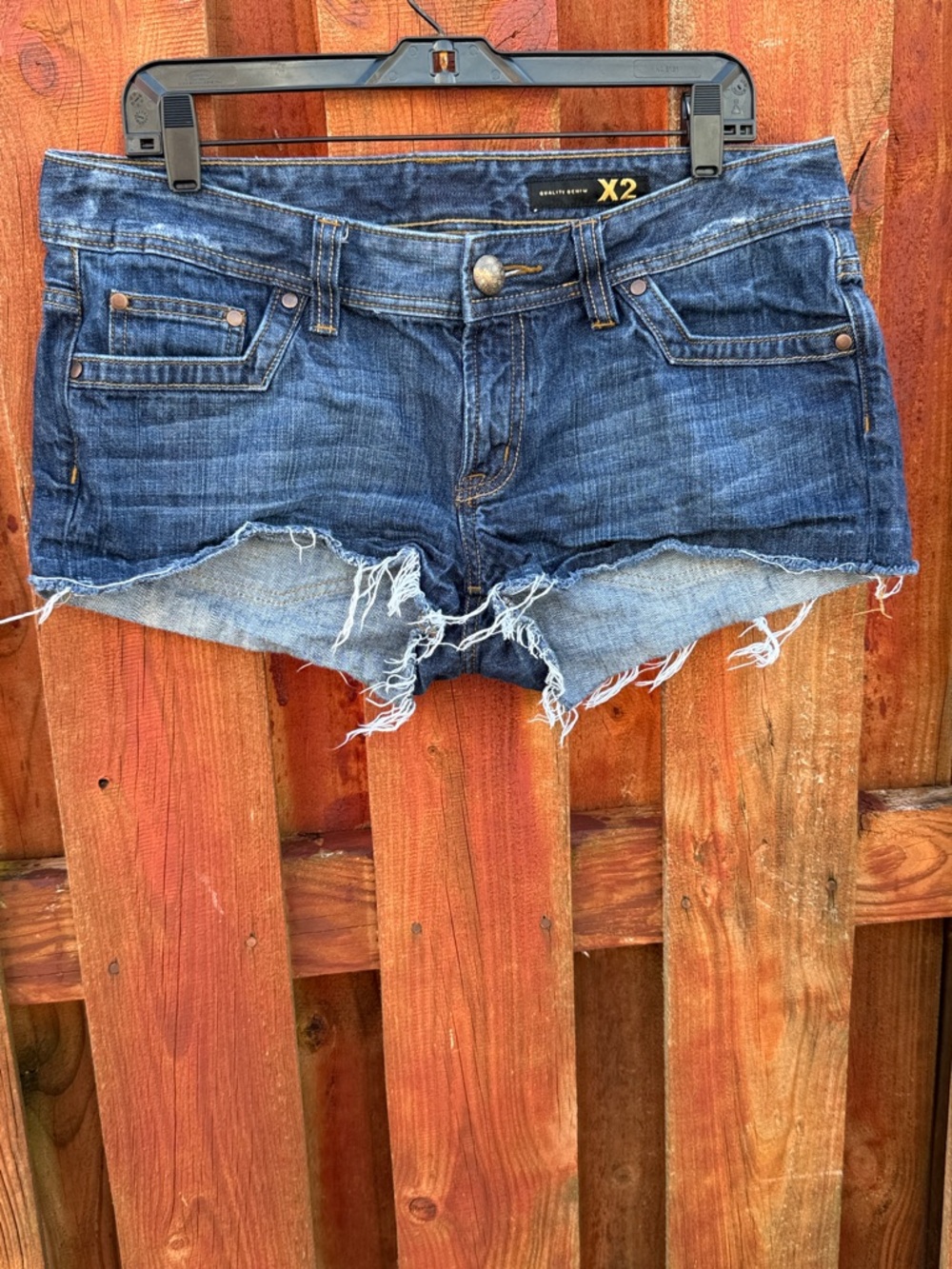 X2 Quality Denim Distressed Cutoff Shorts Low Rise Frayed Blue Women's Size 12